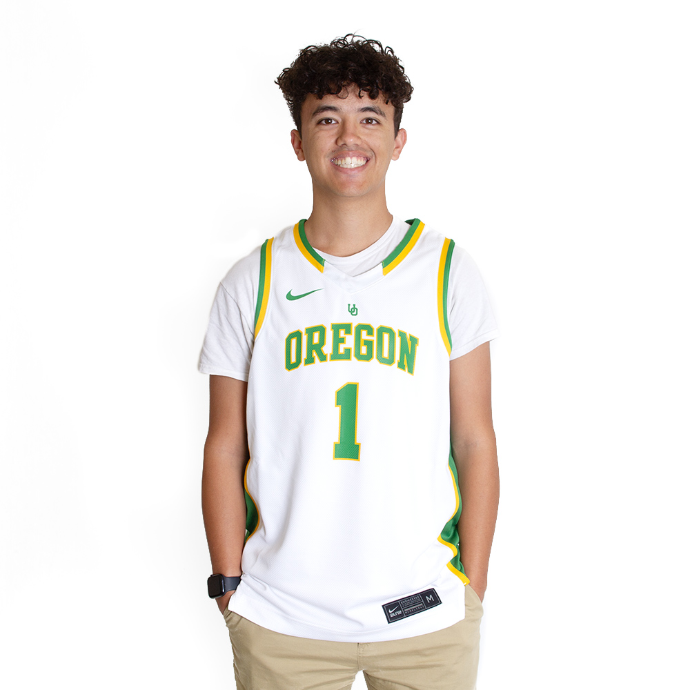White Nike Replica Vault w Arched Oregon & No.1 Basketball Jersey